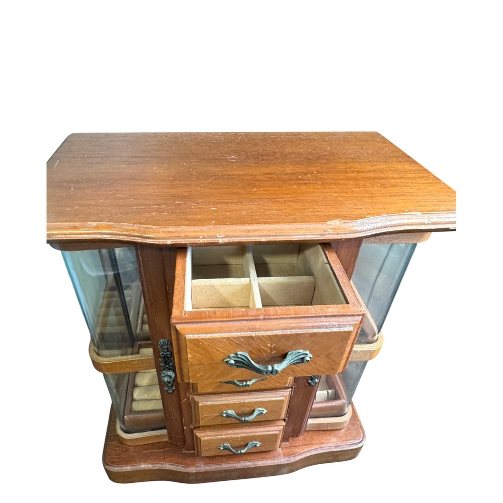 Vintage Wood Jewelry Armoire 5 Drawer Necklace Carousel Mirrored Chest - Picture 8 of 9